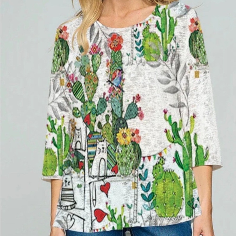 Et'Lois‎ Womens Cactus Kitties Graphic Soft Knit Top White 3/4 Sleeve Size M USA